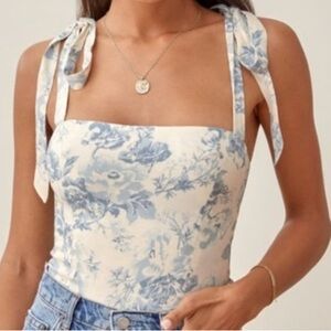 Reformation Cream & Blue Floral Tie-Shoulder Square Neck Camisole